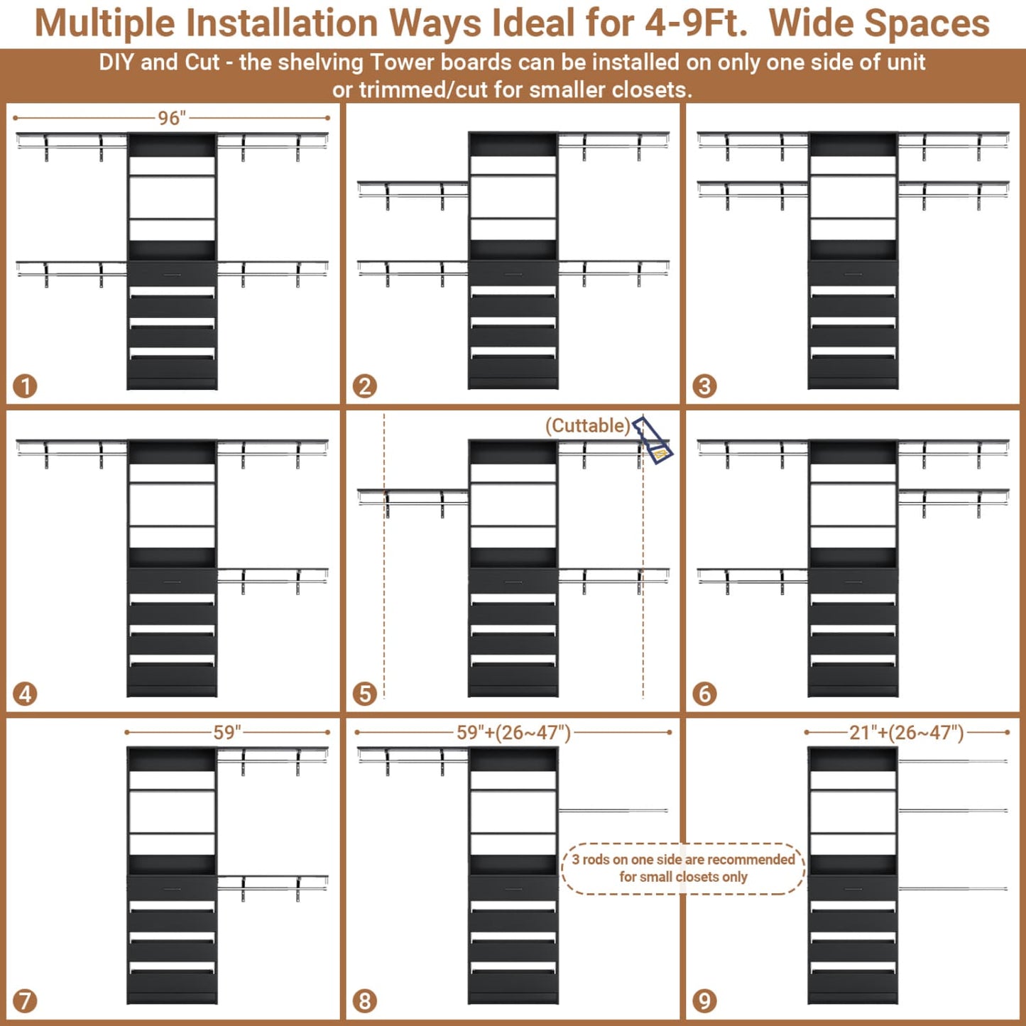 8FT Closet Organizer System with 4 Wooden Drawers & Hanging Rods