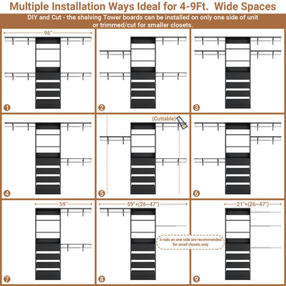 8FT Closet Organizer System with 4 Wooden Drawers & Hanging Rods