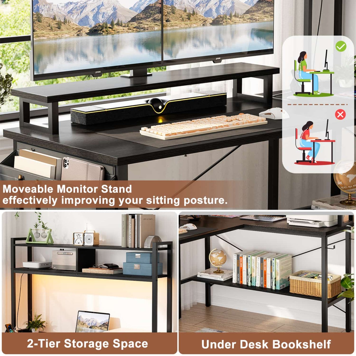 L-Shaped Computer Desk with Monitor and Hutch, Gaming Desk with Charging Station
