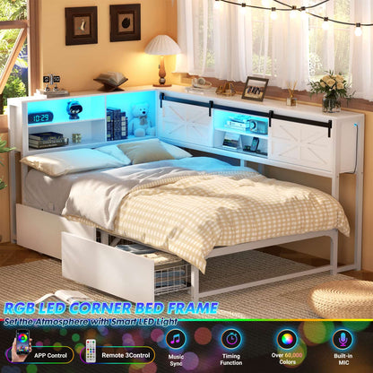 Bookcase Daybed with Wood Drawer, Corner Bed Frame with Sliding Door