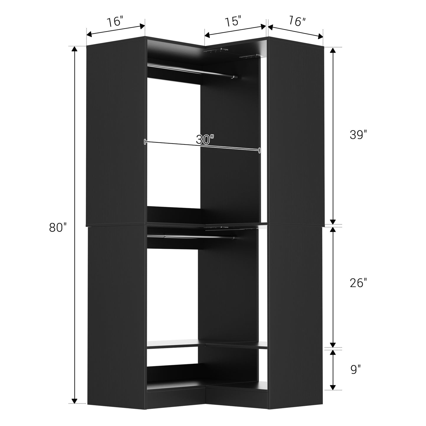 Freestanding Corner Closet System with 2 Hanging Rods and Shoes Shelf