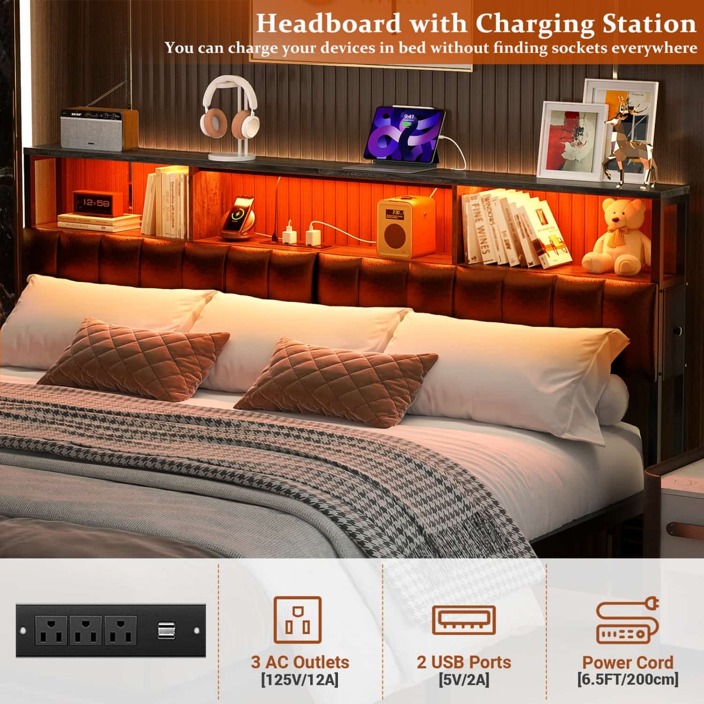 King Upholstered Headboard with Storage Bags