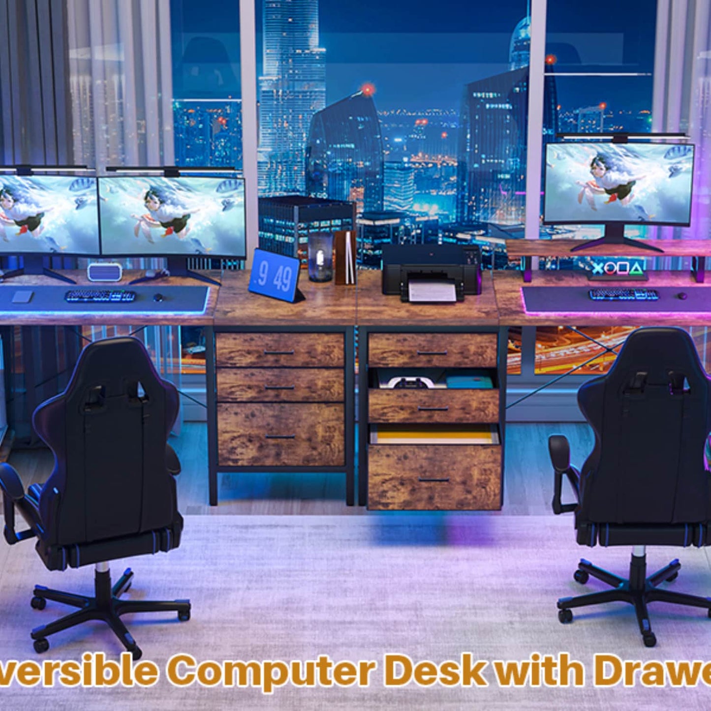 L Shaped Computer Desk with Hutch, Power Outlets, LED Lights & Storage Drawers