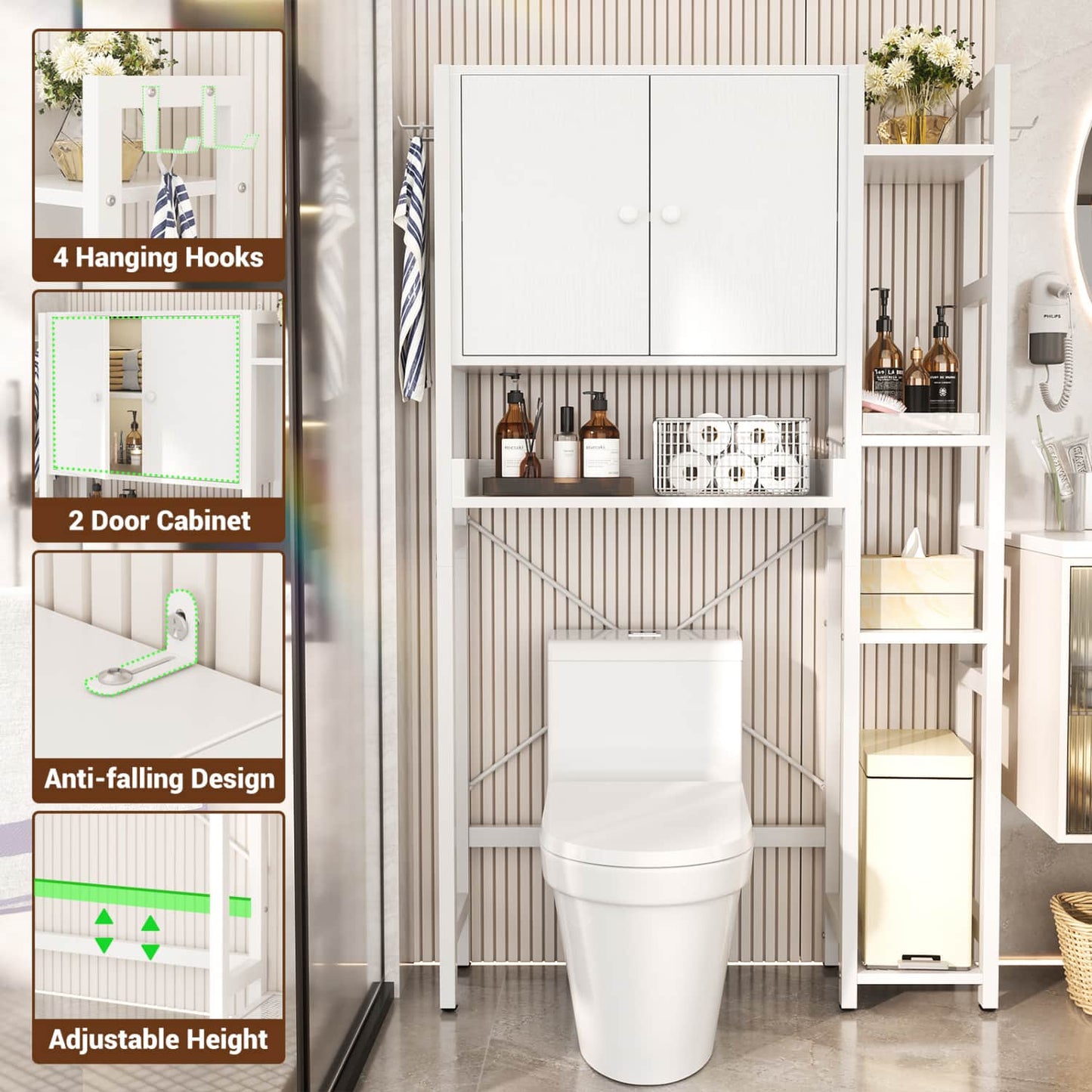 7-Tier Bathroom Organizer with Adjustable Shelf, Over The Toilet Storage Rack with 4 Hooks and Drawers