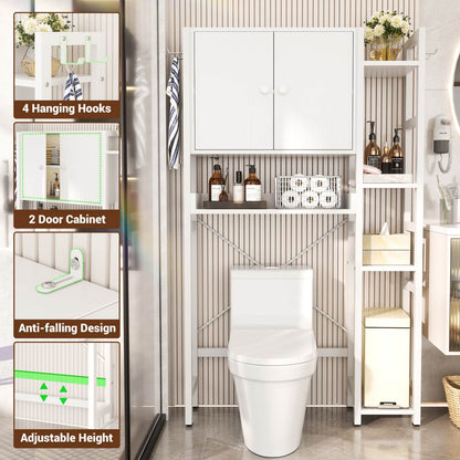 7-Tier Bathroom Organizer with Adjustable Shelf, Over The Toilet Storage Rack with 4 Hooks and Drawers