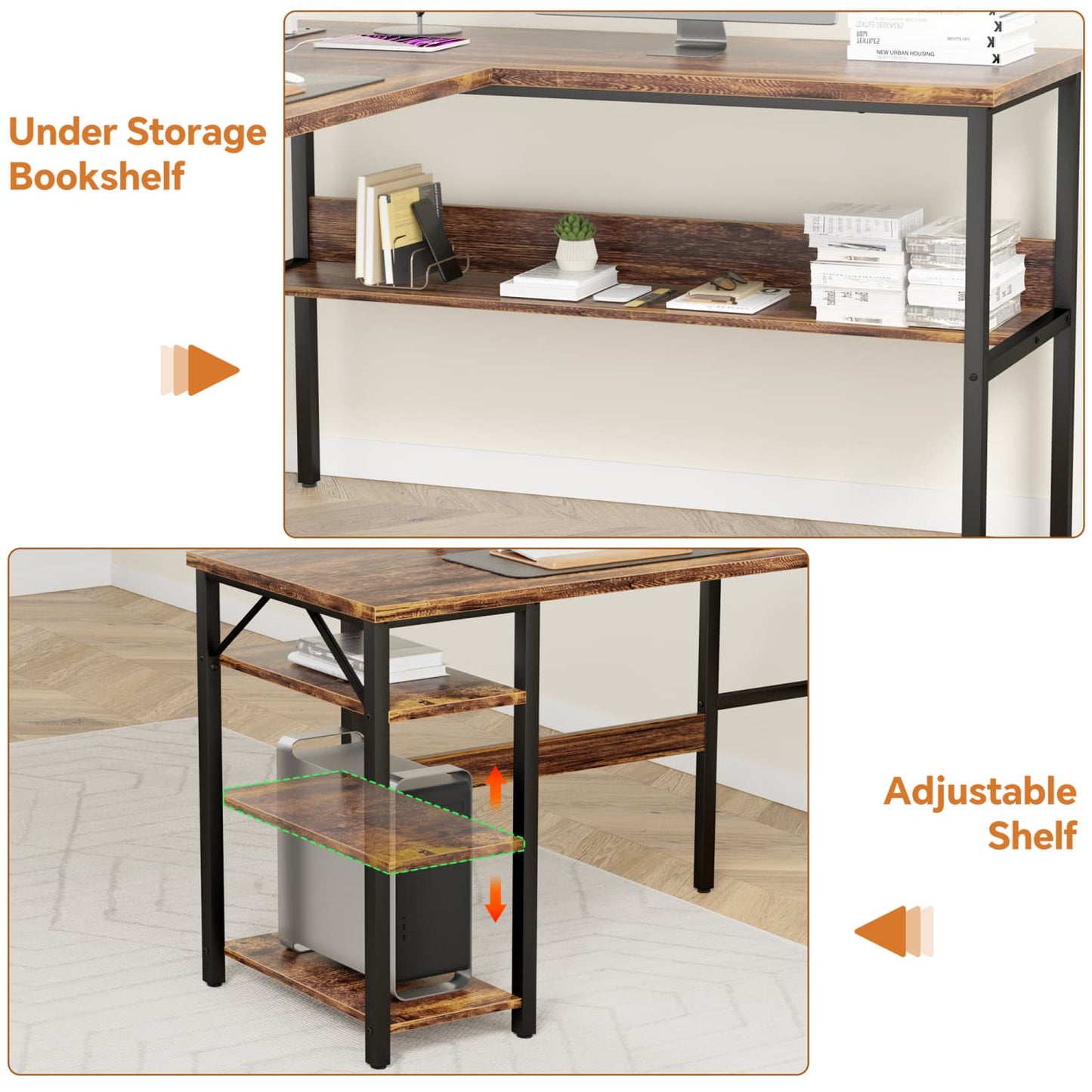 L Shaped Desk with Storage, Power Outlet, USB Ports, Reversible Computer Desk