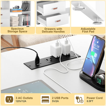 62" L Shaped Computer Desk with File Drawer, LED Lights