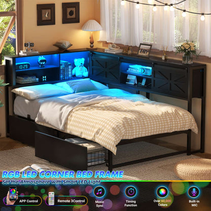Bookcase Daybed with Wood Drawer, Corner Bed Frame with Sliding Door