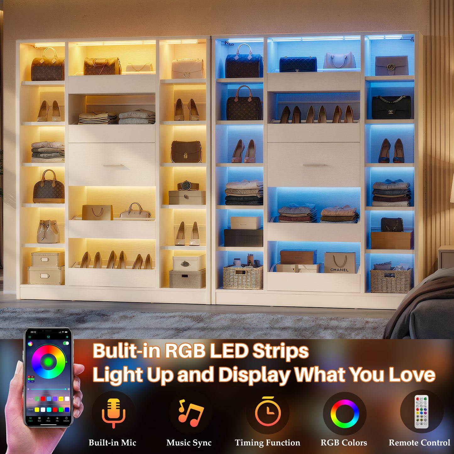 40" Closet System with LED Lights, Wooden Closet Organizer with 5 Drawers & 12 Shelves