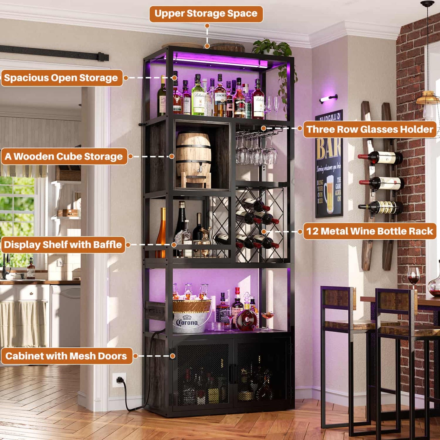 82.6" Tall Wine Bar Cabinet with LED Light and Outlets