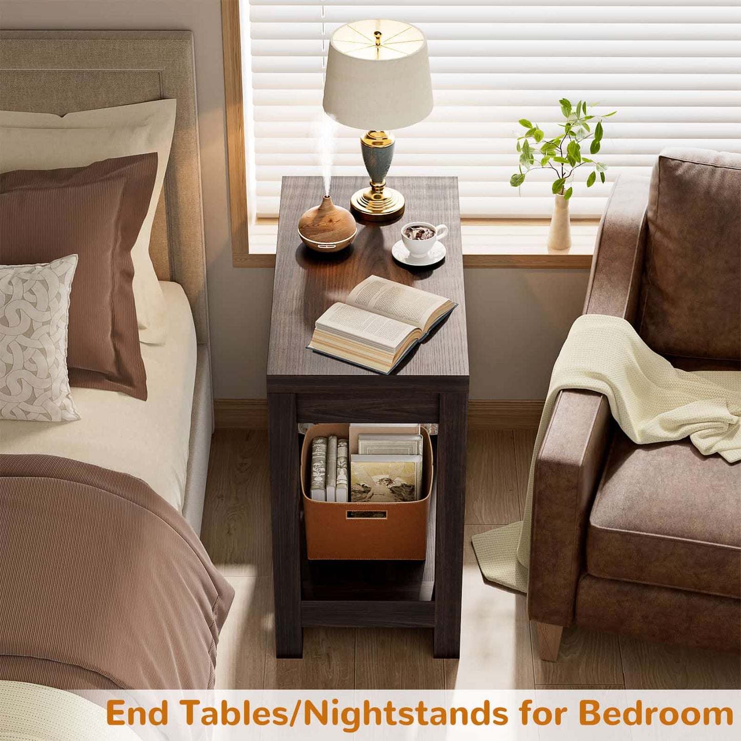 Farmhouse End Table, Narrow Side Table, Slim End Table with Storage Shelf, Small Console Table for Living Room, 24"