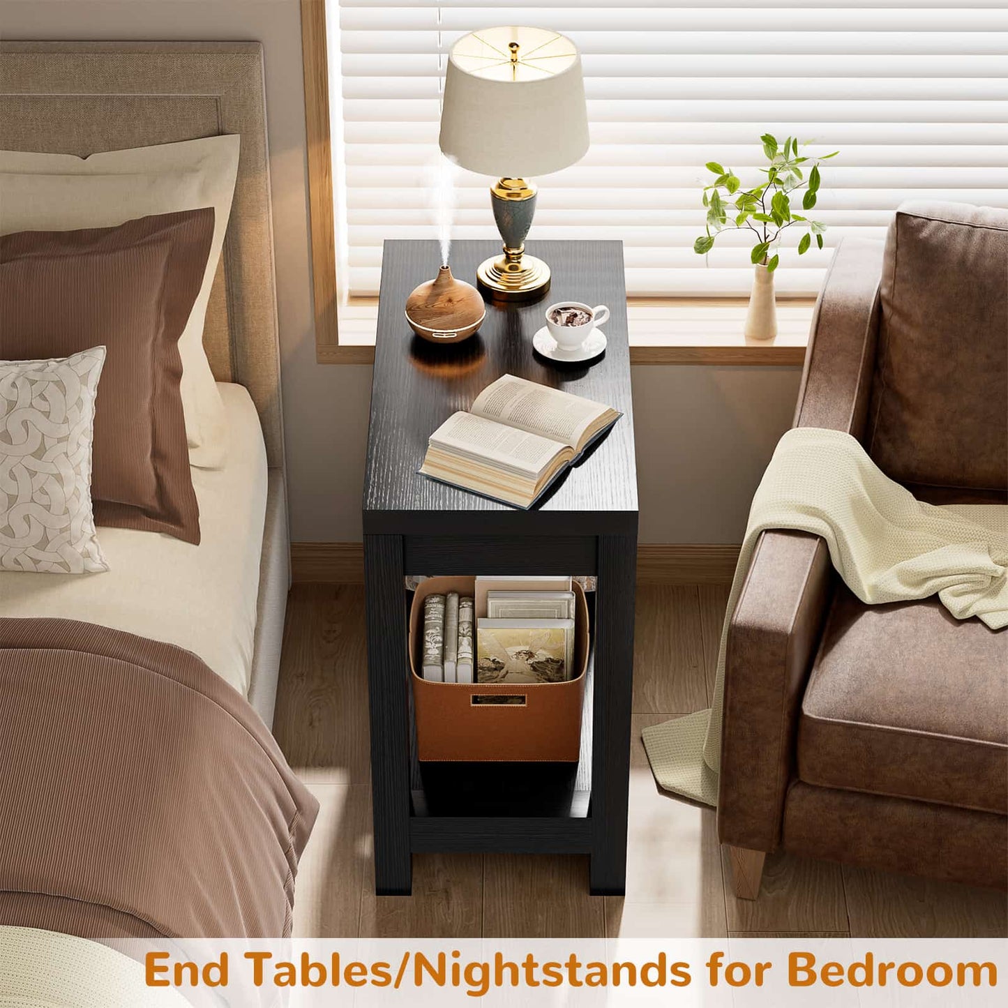 Farmhouse End Table, Narrow Side Table, Slim End Table with Storage Shelf, Small Console Table for Living Room, 24"