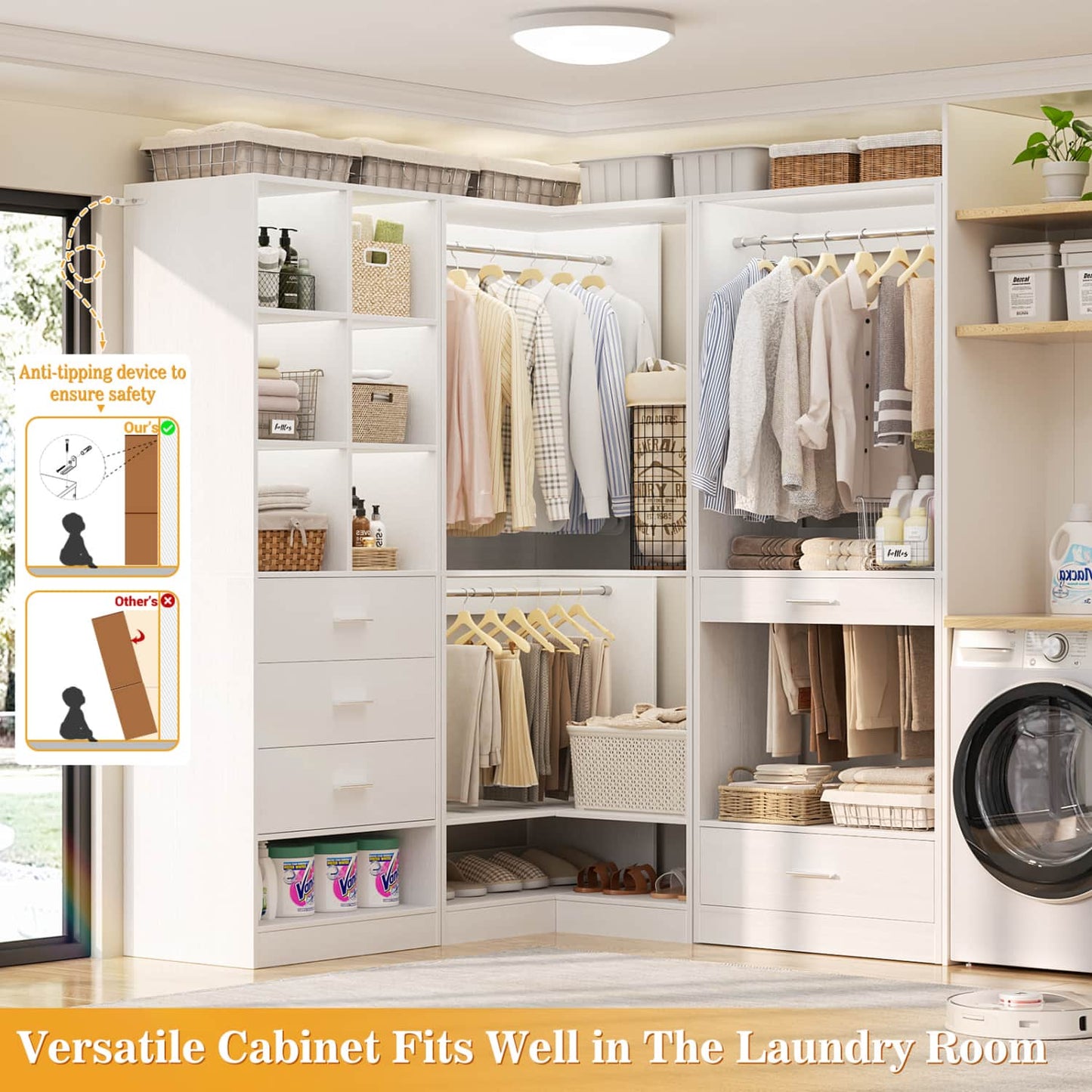 Corner Closet Oraganizer System with Drawers and Hanging Rods, Cube Storage Walk-in Closet System