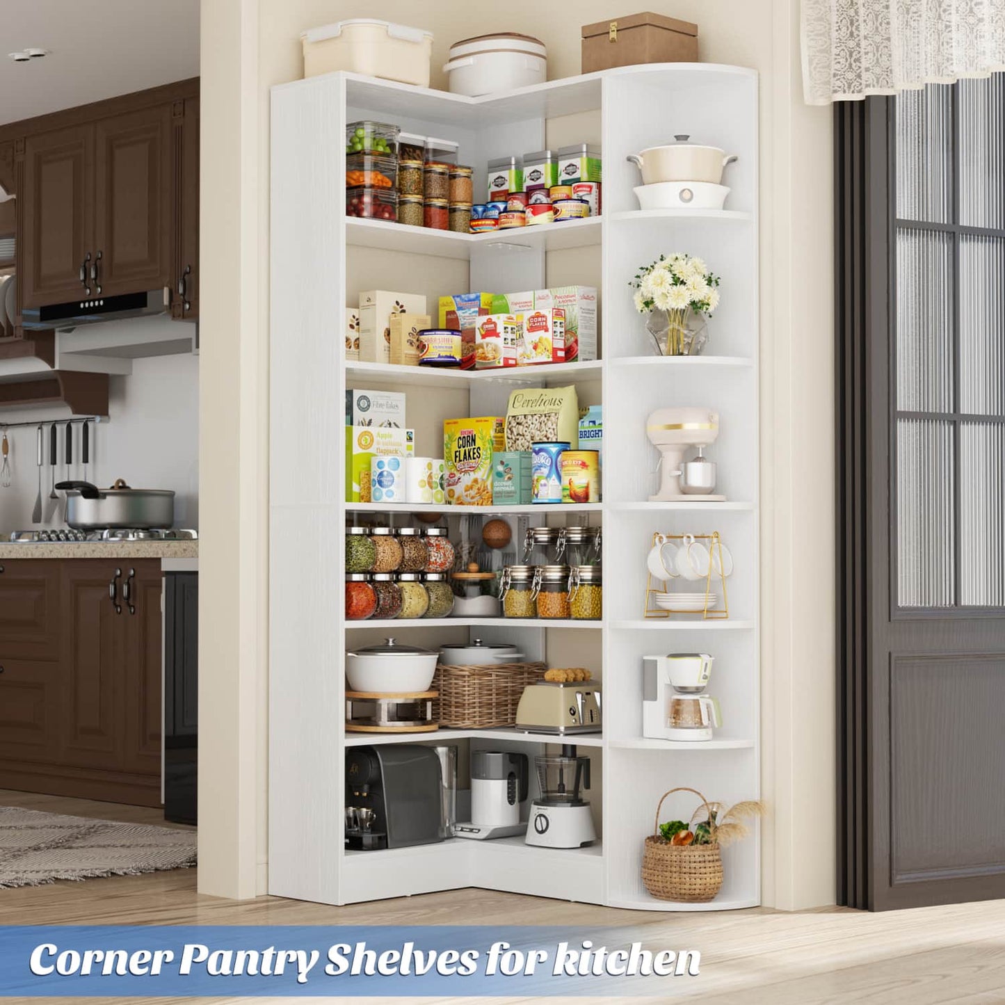 71" Tall 6-Tiers Corner Bookshelf with Open Storage, Wooden Display Shelves for Bedroom