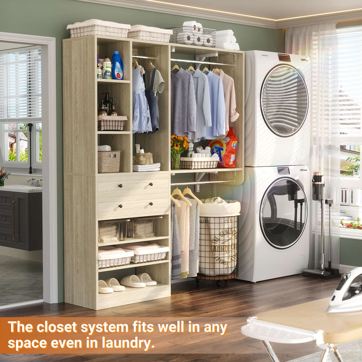 Closet System with Wooden Drawers and Two Hanging Rods