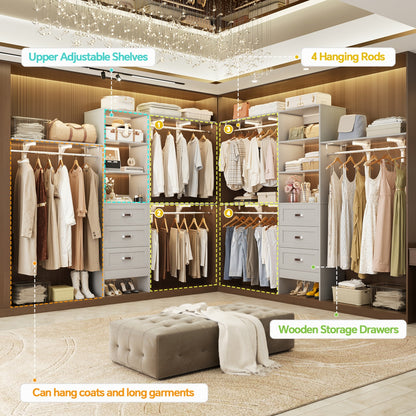 Closet Organizer System with Hanging Rods and Shelves, Wardrobe System with Drawers