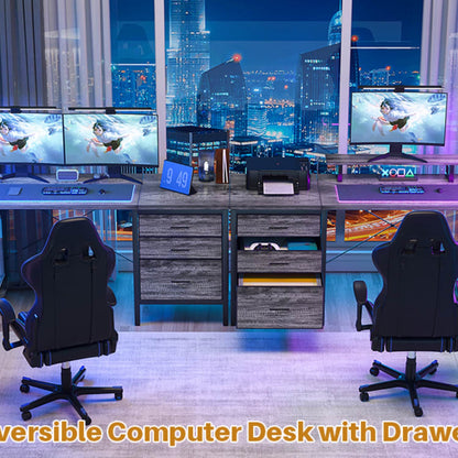 L Shaped Computer Desk with Hutch, Power Outlets, LED Lights & Storage Drawers