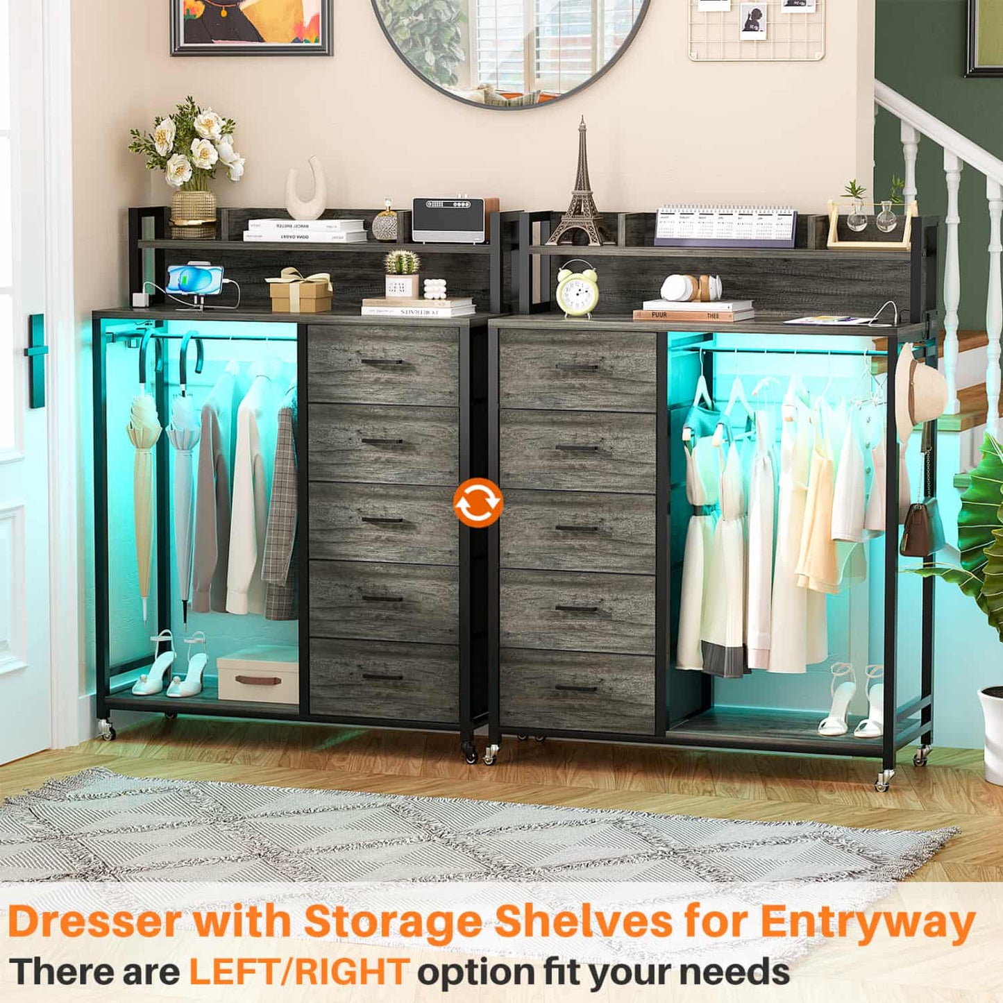 Dresser for Bedroom with Clothes Rack & Shelves, 5 Drawers Dresser with Charging Station