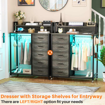 Dresser for Bedroom with Clothes Rack & Shelves, 5 Drawers Dresser with Charging Station