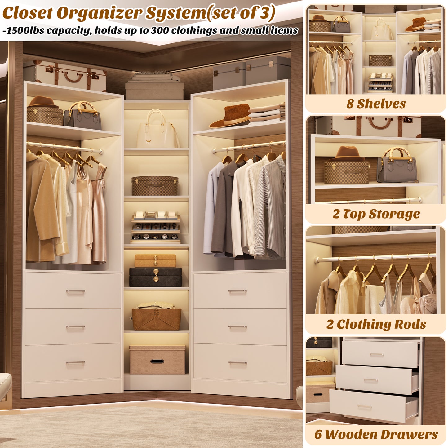 Closet System with 6 Drawers & 10 Shelves, Reversible Walk-in Closets, Load 1500+LBS