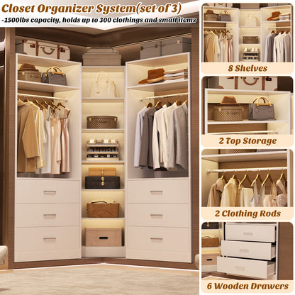Closet System with 6 Drawers & 10 Shelves, Reversible Walk-in Closets, Load 1500+LBS