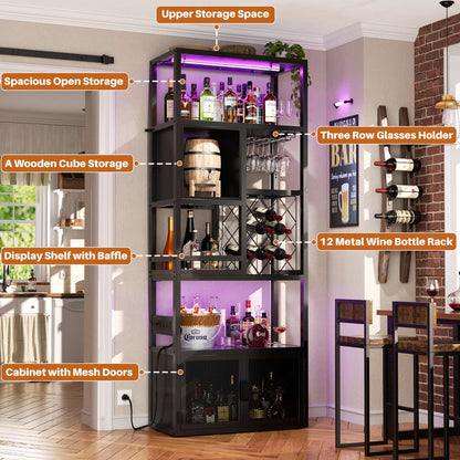 82.6" Tall Wine Bar Cabinet with LED Light and Outlets