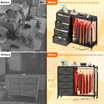 Dressers with Clothes Rack, Charging Station and Led Light, 4 Drawers Dresser for Bedroom
