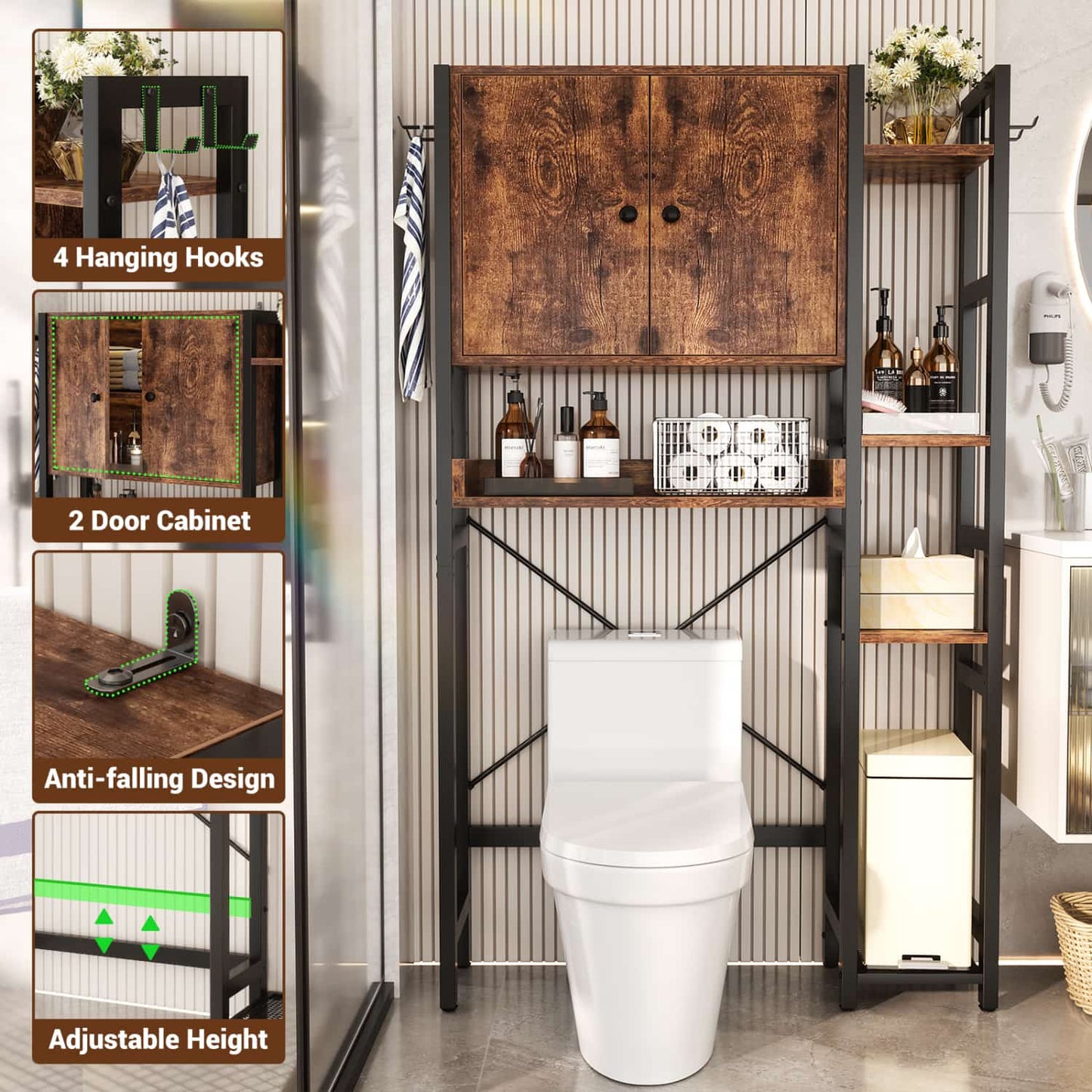 7-Tier Bathroom Organizer with Adjustable Shelf, Over The Toilet Storage Rack with 4 Hooks and Drawers
