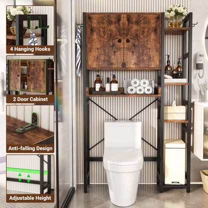 7-Tier Bathroom Organizer with Adjustable Shelf, Over The Toilet Storage Rack with 4 Hooks and Drawers