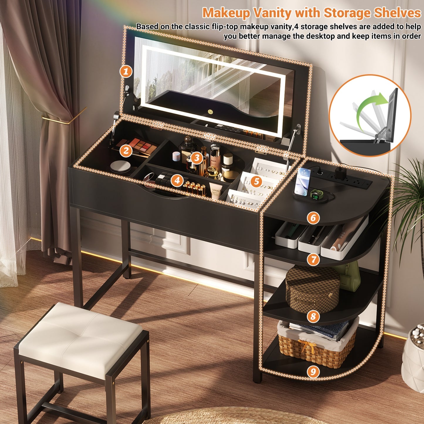 Flip-Top Makeup Dressing Table with mirror and Drawer, Small Vanity Desk with Charging Station