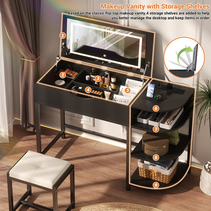 Flip-Top Makeup Dressing Table with mirror and Drawer, Small Vanity Desk with Charging Station