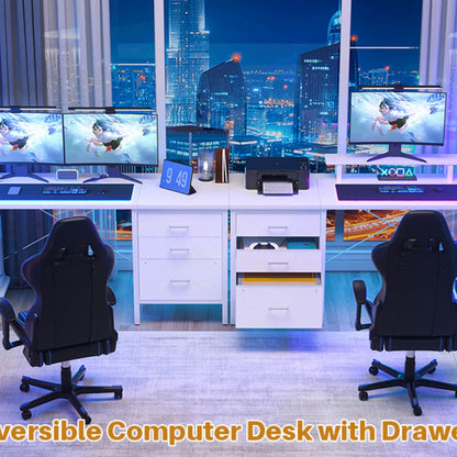 L Shaped Computer Desk with Hutch, Power Outlets, LED Lights & Storage Drawers