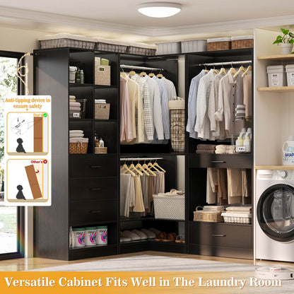 Corner Closet Oraganizer System with Drawers and Hanging Rods, Cube Storage Walk-in Closet System