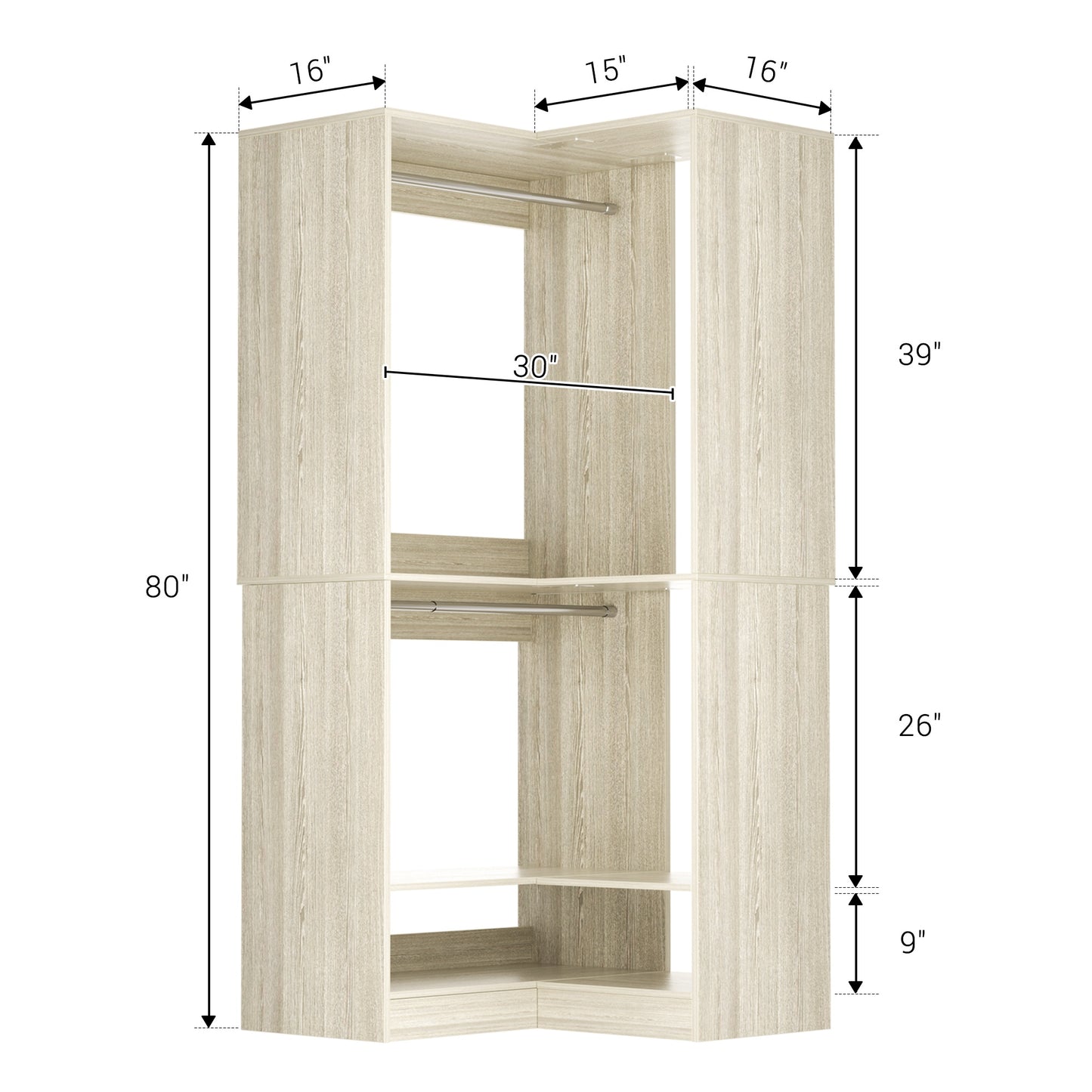 Freestanding Corner Closet System with 2 Hanging Rods and Shoes Shelf