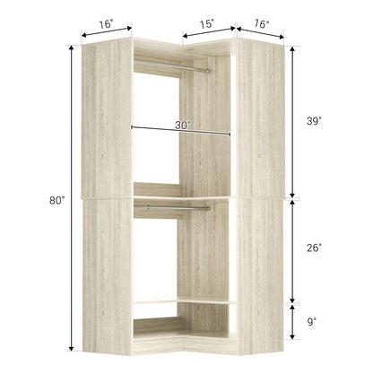 Freestanding Corner Closet System with 2 Hanging Rods and Shoes Shelf