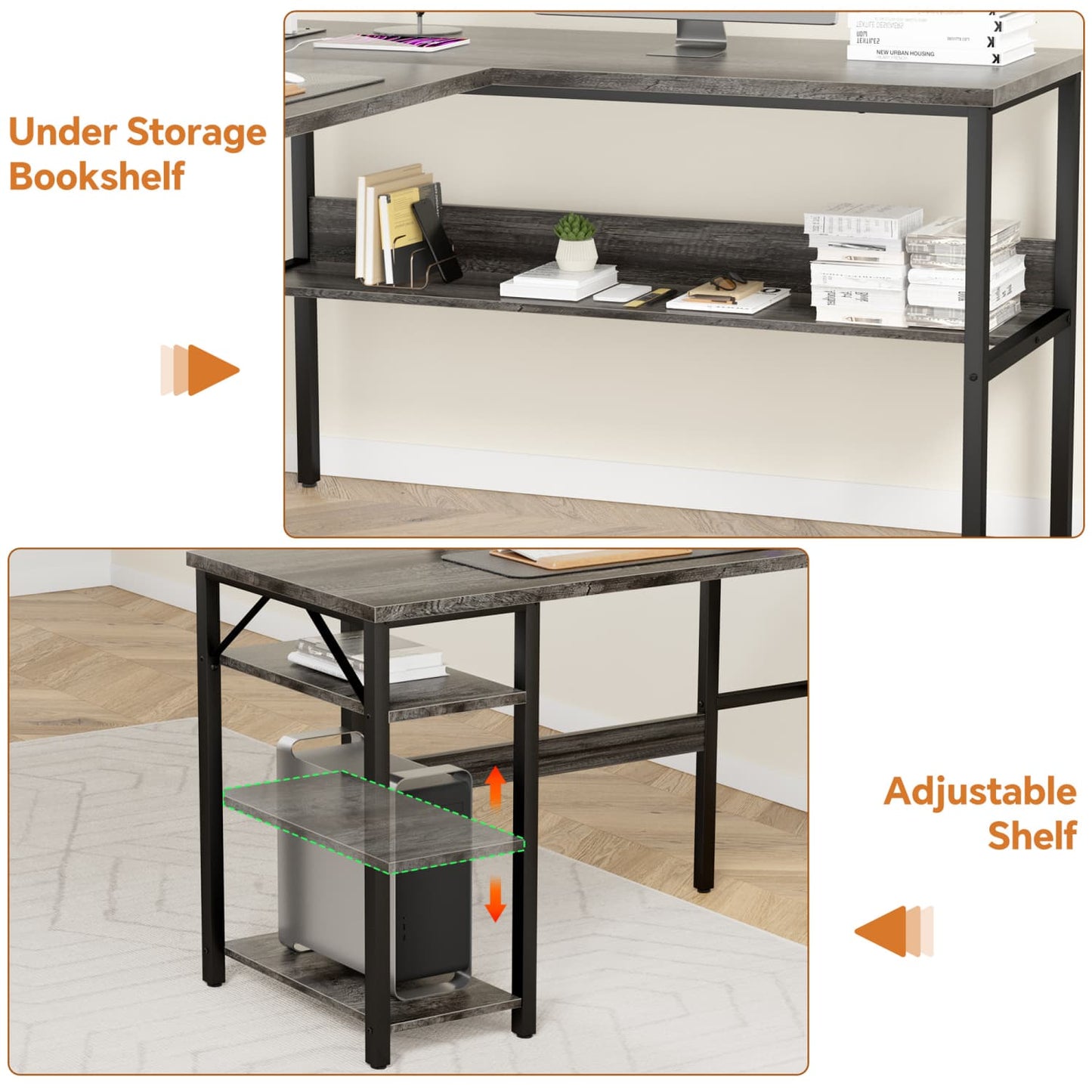 L Shaped Desk with Storage, Power Outlet, USB Ports, Reversible Computer Desk