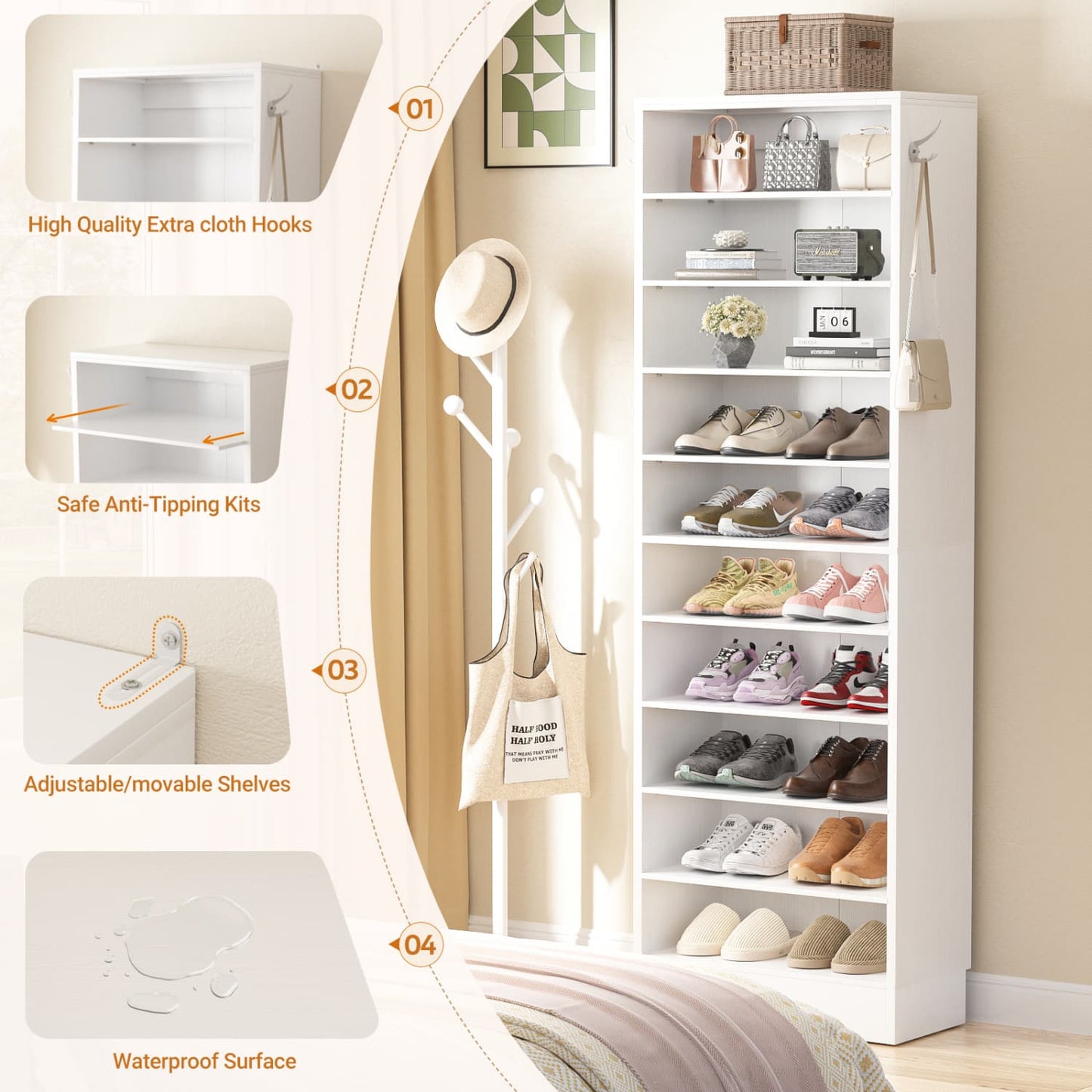 Shoe Storage Cabinet, 10-Tier Shoe Rack With Drawers