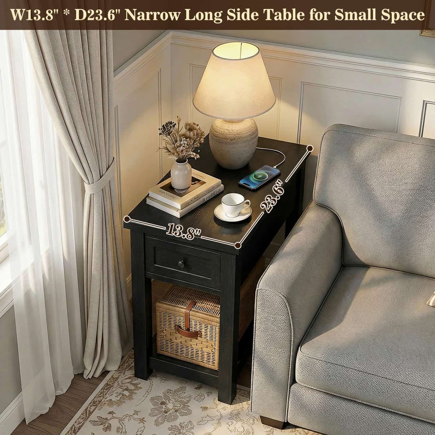 Farmhouse End Table with Drawer and Shelf, Nightstand with Charging Station