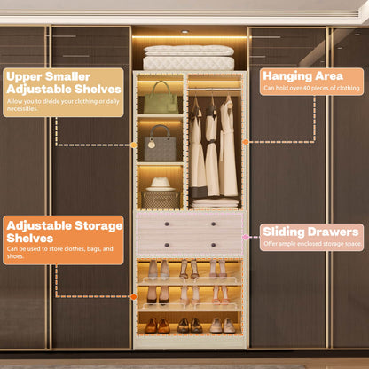 Closet Storage System with Adjustable Shoes Shelves, Closet Organizer with Drawer