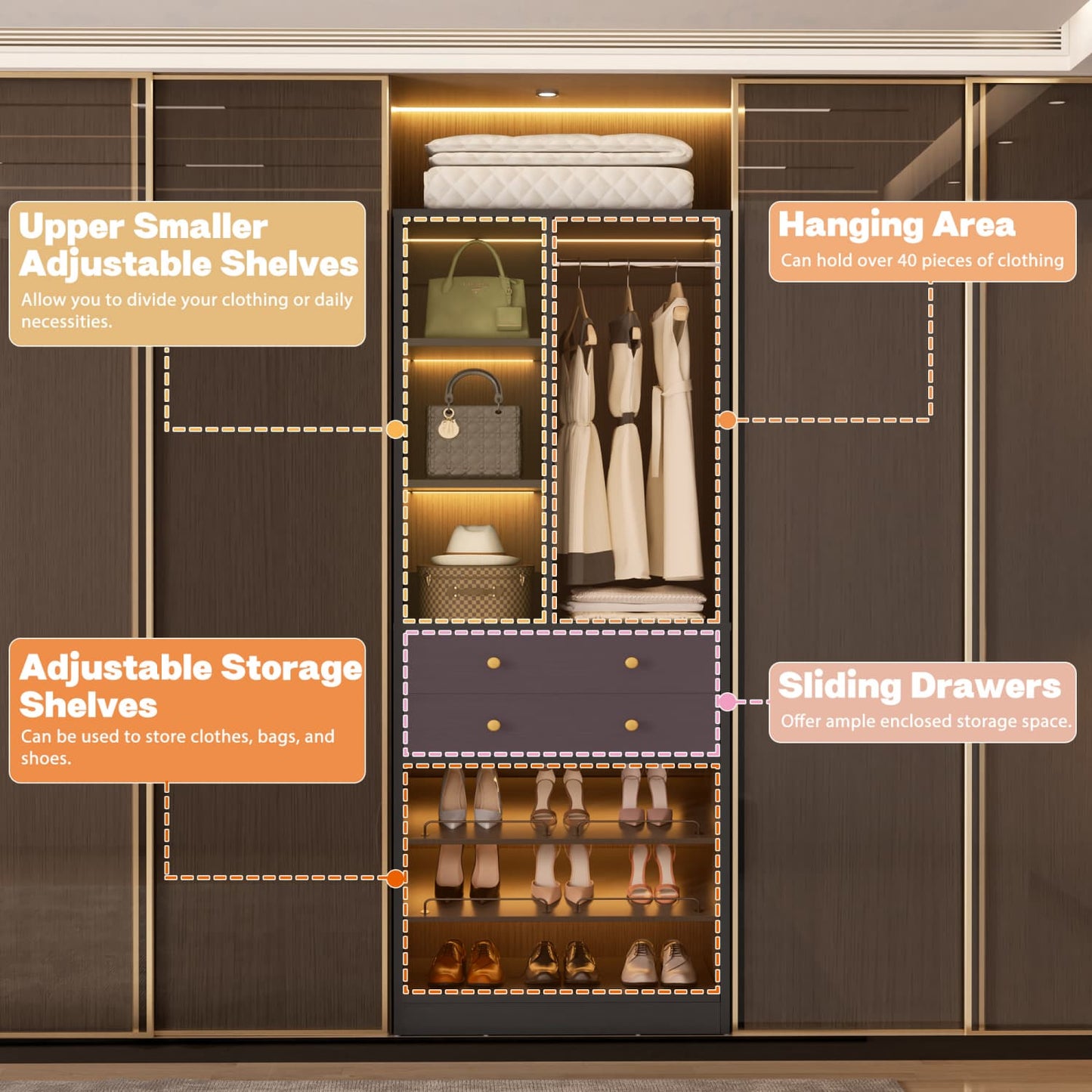 Closet Storage System with Adjustable Shoes Shelves, Closet Organizer with Drawer