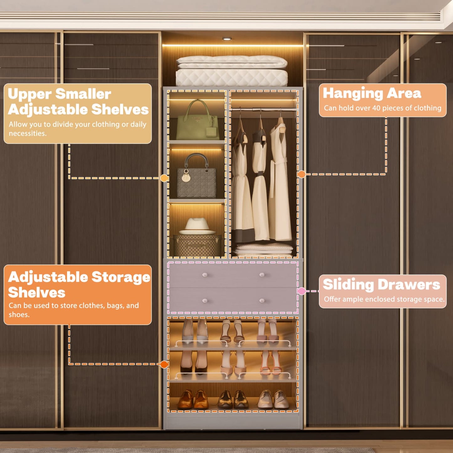 Closet Storage System with Adjustable Shoes Shelves, Closet Organizer with Drawer