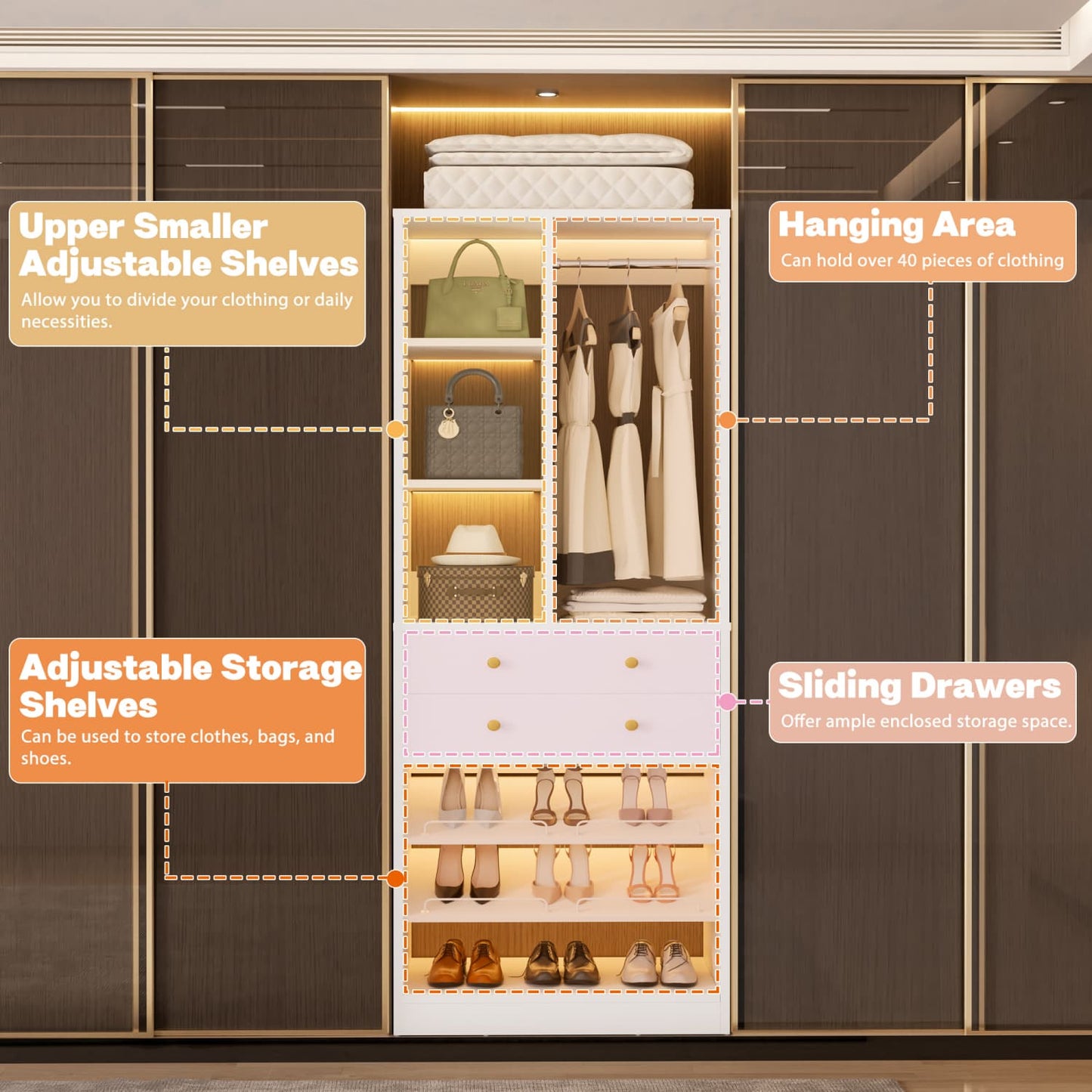 Closet Storage System with Adjustable Shoes Shelves, Closet Organizer with Drawer