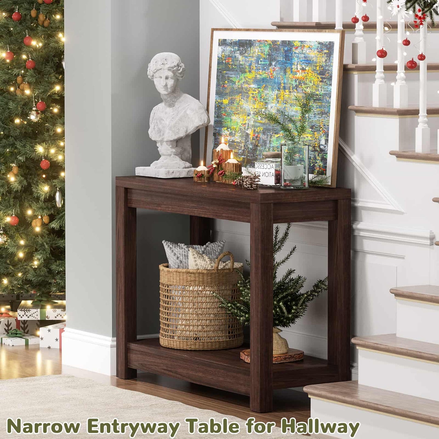 Farmhouse End Table, Narrow Side Table, Slim End Table with Storage Shelf, Small Console Table for Living Room, 24"
