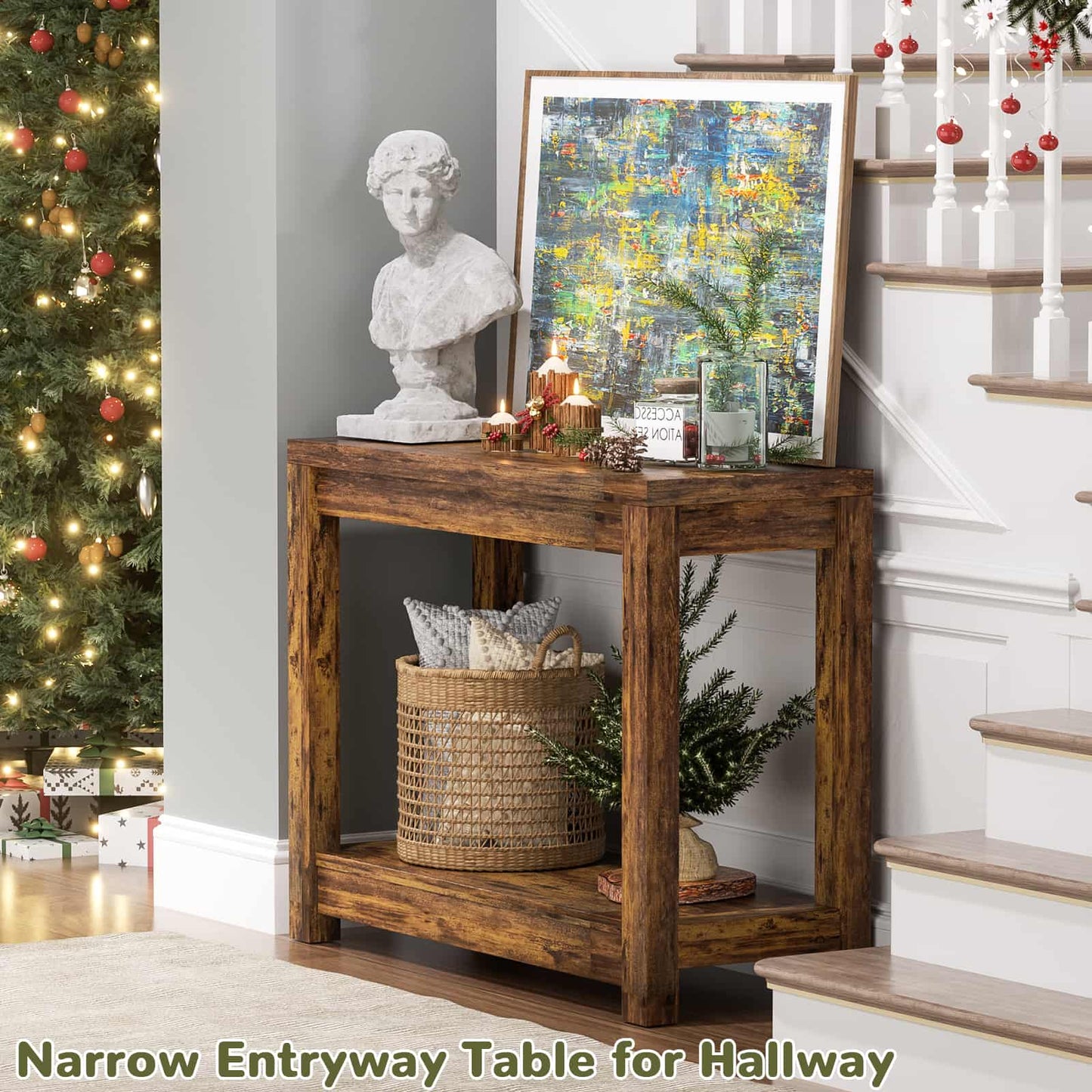 Farmhouse End Table, Narrow Side Table, Slim End Table with Storage Shelf, Small Console Table for Living Room, 24"
