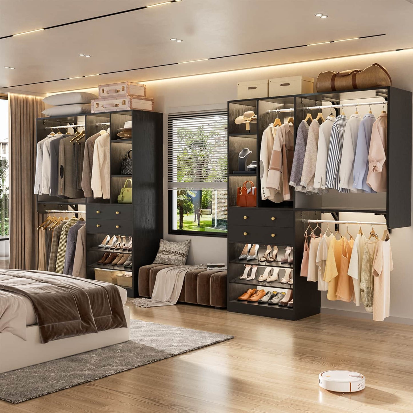 Closet System with Wooden Drawers and Two Hanging Rods