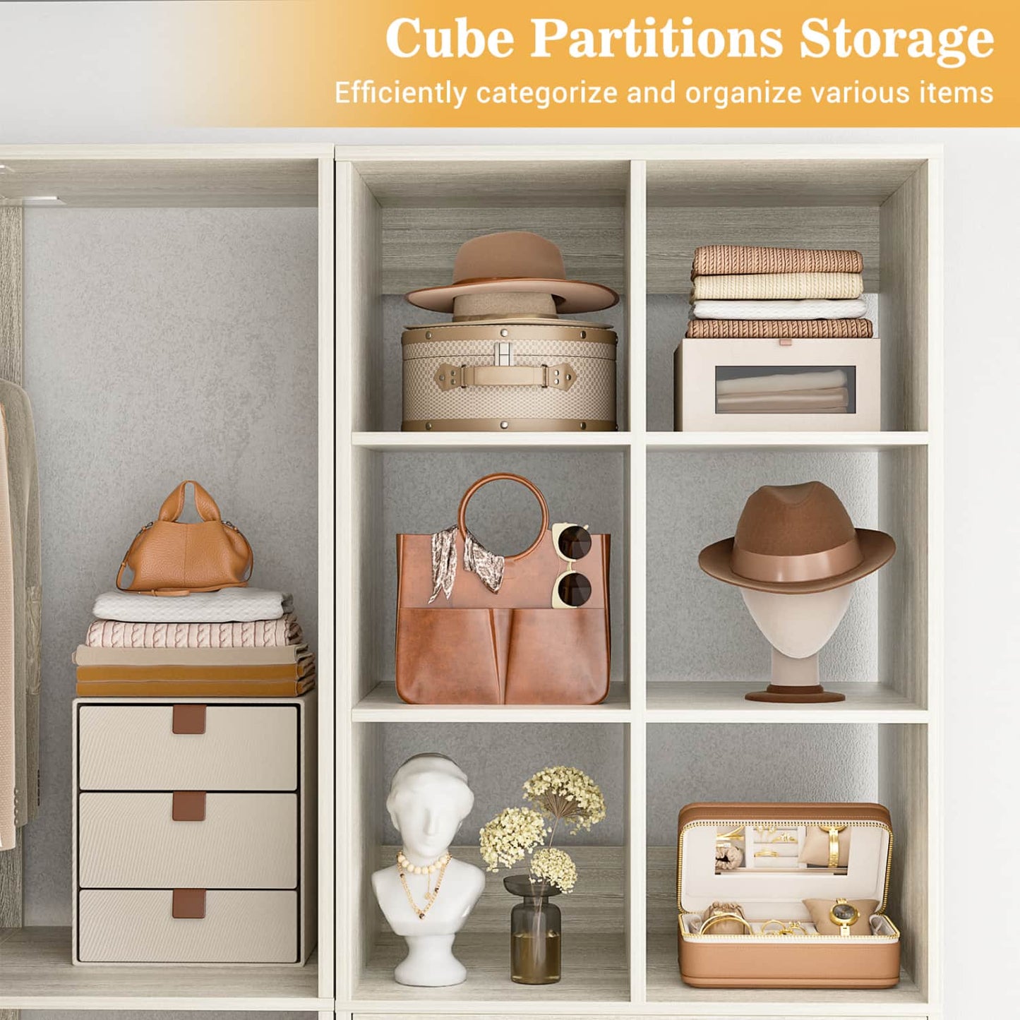 Corner Closet Oraganizer System with Drawers and Hanging Rods, Cube Storage Walk-in Closet System