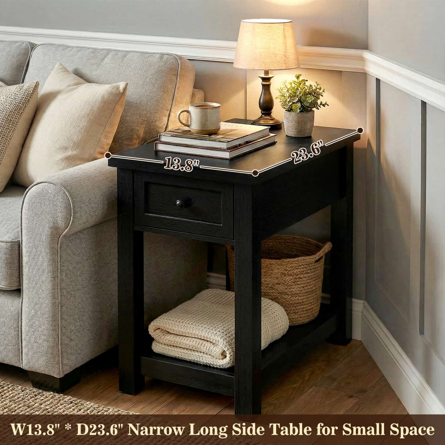Farmhouse End Table with Drawer and Shelf, Nightstand with Charging Station