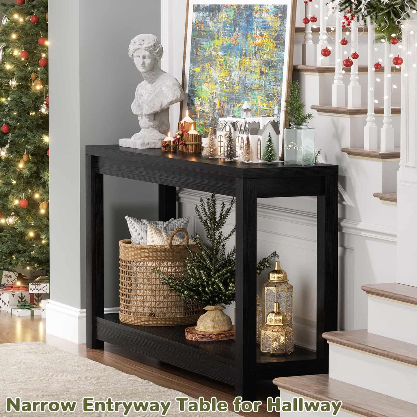Farmhouse End Table, Narrow Side Table, Slim End Table with Storage Shelf, Small Console Table for Living Room, 24"