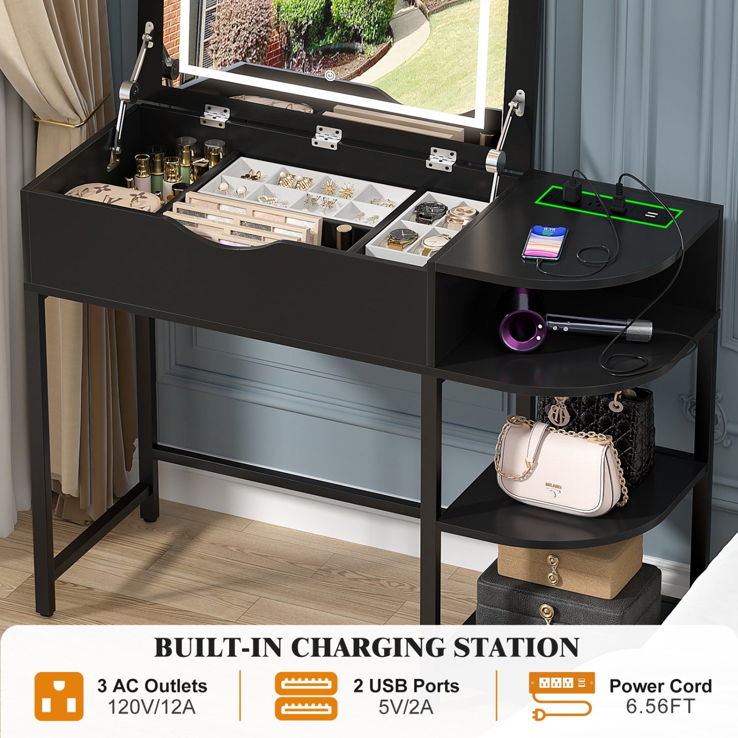 Flip-Top Makeup Dressing Table with mirror and Drawer, Small Vanity Desk with Charging Station