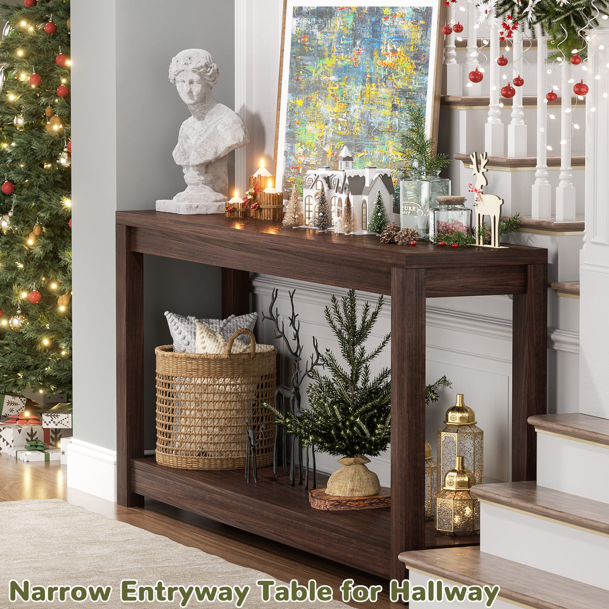 Farmhouse Wood Entryway Table Narrow Console Table with Storage Behind Couch Sofa Table with Shelves Entry Way Tables with Open Storage, Easy Assembly